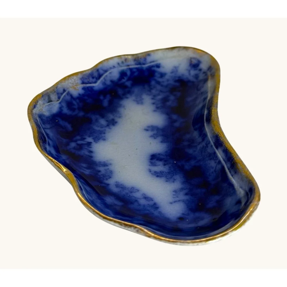 Antique Flow Blue Bone Dish W&E Corn Garland Porcelaine Royale Gold Trim 1890s - Picture 4 of 9